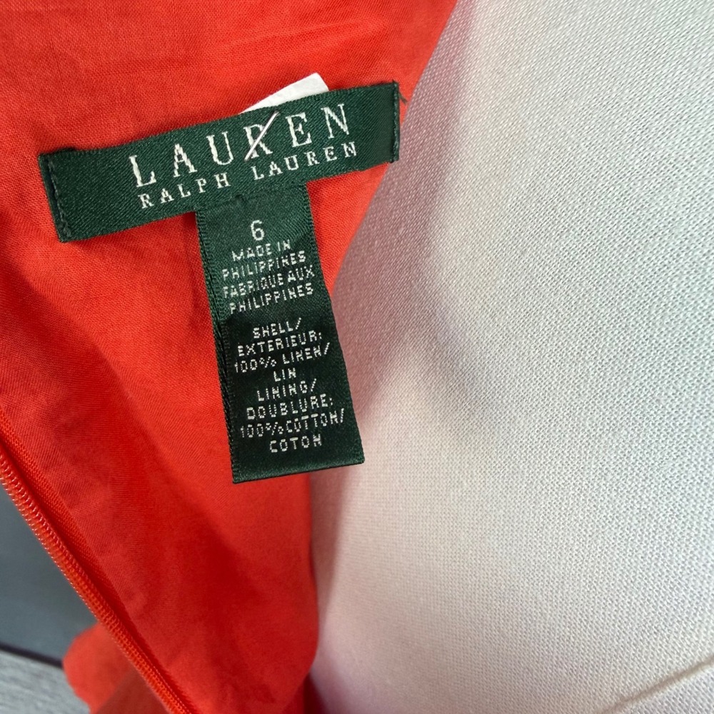 Lauren Ralph Lauren 100% Linen Wrap Look Tie Waist Dress Orange Size 6 - Picture 4 of 10